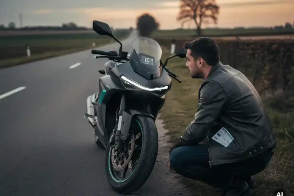 Motocycliste accroupi près d'une moto électrique en panne sur une route de campagne belge au crépuscule, batterie déchargée.