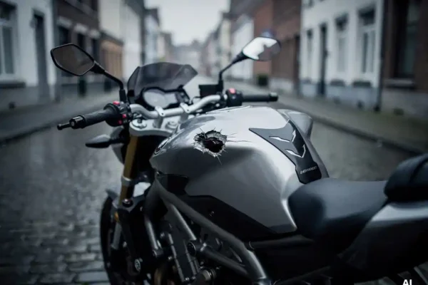 Moto garée dans une rue belge avec un réservoir endommagé montrant bosses et égratignures visibles.