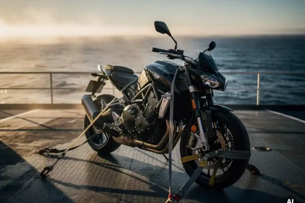Moto attachée avec des sangles sur le pont d'un ferry, mer ouverte à l'horizon, lumière dorée de fin d'après-midi.