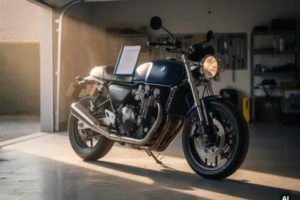 Moto importée avec plaques étrangères dans un garage belge, documents d'immatriculation et assurance posés sur le réservoir.