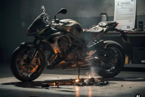 Moto endommagée par le feu dans un garage sombre, braises rougeoyantes au sol, document d'assurance flou en arrière-plan.