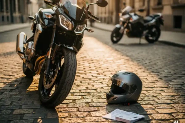 Moto de location garée sur des pavés belges ensoleillés, avec casque et documents d'assurance, moto personnelle floue en arrière-plan.
