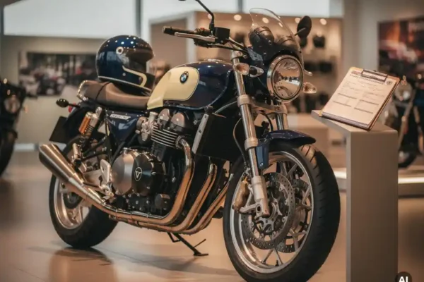 Moto neuve en showroom avec contrat de paiement échelonné sur presse-papiers et casque posé sur la selle, tons bleu marine et argent.