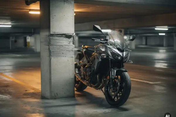 Moto garée dans un parking souterrain sombre, rétroviseur endommagé et rayure visible sur un pilier en béton.