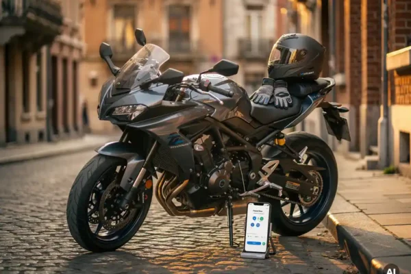 Moto garée sur des pavés belges avec smartphone affichant une appli de partage, casque et gants posés sur la selle, lumière dorée.