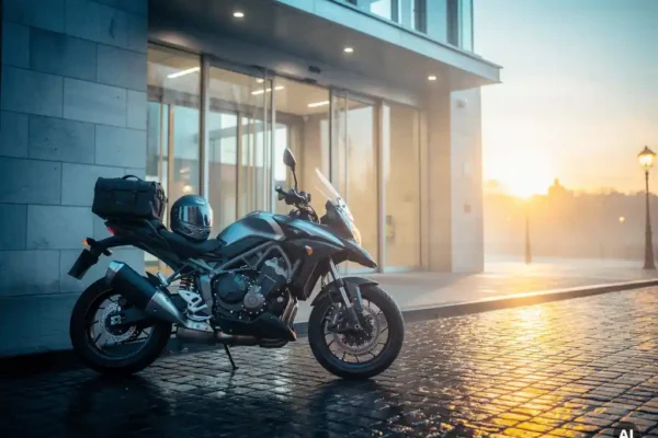 Moto de commuter garée devant un immeuble de bureaux à l'aube, casque et sac de travail sur la selle, pavés belges mouillés reflétant la lumière ambrée.