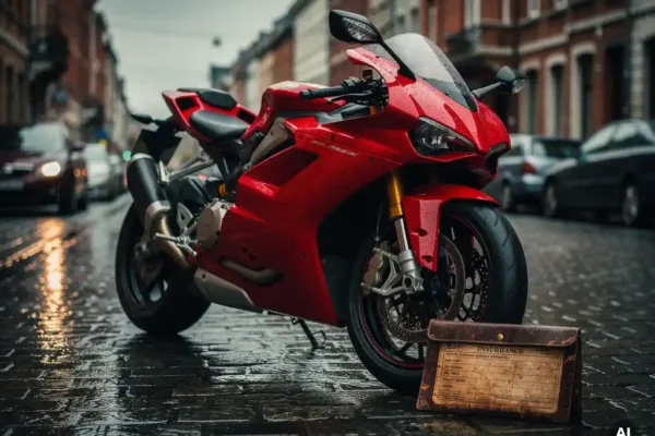Moto sportive rouge garée sur une rue belge mouillée, avec un dossier d'assurance en cuir usé contre la roue avant.