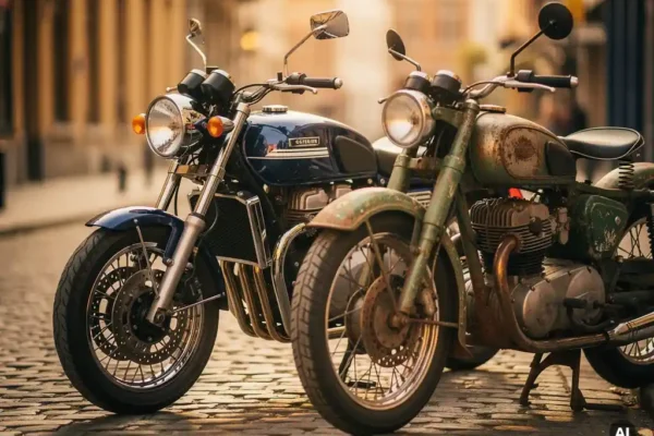 Moto neuve chromée et vélo vintage patiné côte à côte sur une rue pavée belge ensoleillée, tons bleu marine et ambre chaud.