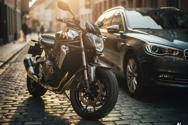 Moto et voiture familiale garées côte à côte sur des pavés belges ensoleillés, une clé posée sur la selle de la moto.