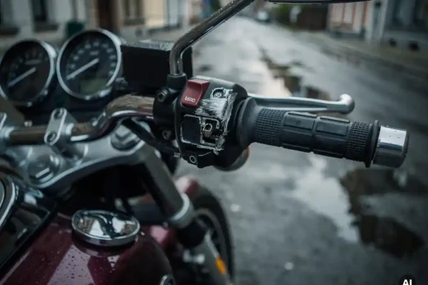Moto garée dans une rue belge mouillée avec panneau d'allumage endommagé, serrure forcée et métal rayé visible.