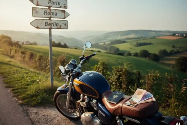 Moto solitaire garée près d'un panneau routier européen avec passeport et devises étrangères, campagne dorée à l'horizon.