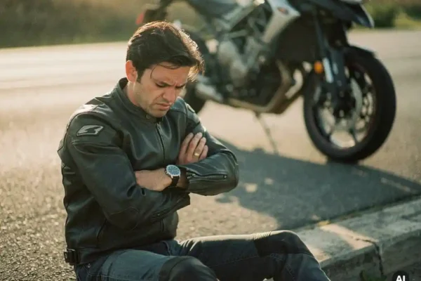 Motocycliste frustré assis au bord de la route, bras croisés, consultant sa montre, lumière dorée de fin d'après-midi sur l'asphalte.