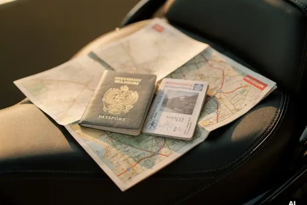 Passeport étranger et permis de conduire international sur une selle de moto, avec une carte routière belge dépliée en dessous.