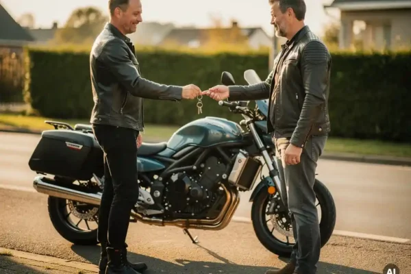 Propriétaire de moto remettant les clés à un ami près d'une touring garée dans une rue belge, vestes en cuir, lumière dorée de fin d'après-midi.