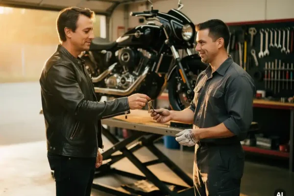 Propriétaire de moto remettant ses clés à un mécanicien indépendant dans un garage ensoleillé, moto noire sur élévateur en arrière-plan.