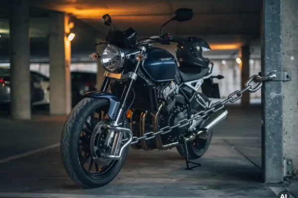 Moto sécurisée avec antivol disque et chaîne épaisse fixée à un poteau dans un parking urbain, casque intégral posé sur la selle.
