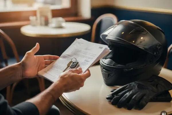 Ami remettant des documents légaux signés et des clés de moto sur une table de café, casque noir et gants en cuir posés nearby, lumière belge tamisée.