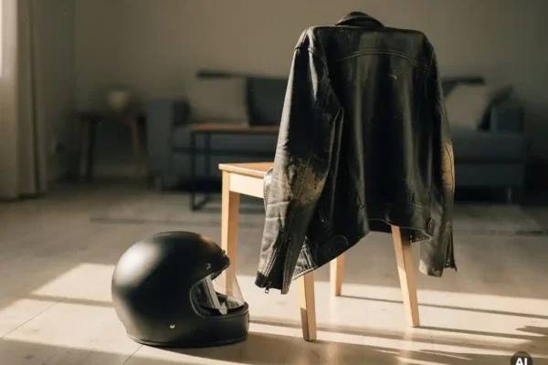 Veste de moto en cuir noir posée sur une chaise, casque au sol, lumière dorée de l'après-midi sur parquet clair, ambiance contemplative.