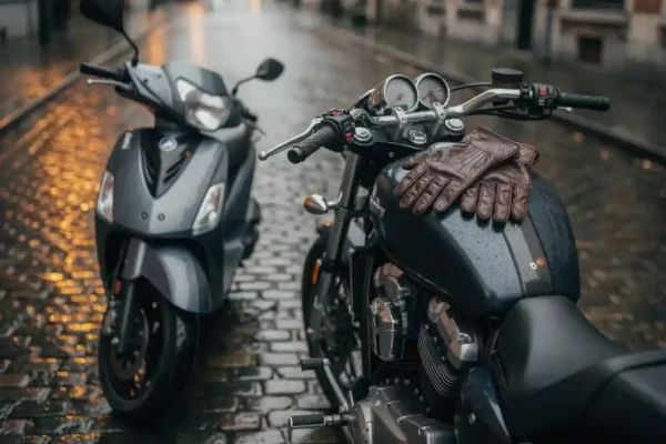 Twee motorfietsen geparkeerd op natte Belgische kinderkopjes, een scooter naast een zware cruiser met leren handschoenen op de tank.