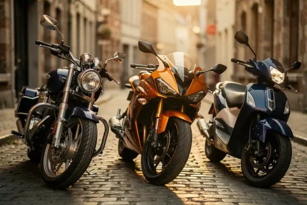 Drie motorfietsen op een zonnige Belgische kasseienstraat: een cruiser, sportmotor en scooter in gouden middaglicht.