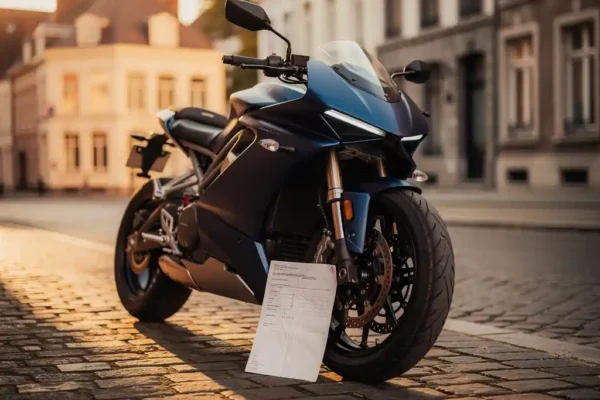 Elektrische motorfiets geparkeerd op een Belgische kinderkopjesstraat met een gevouwen verzekeringsdocument tegen het voorwiel.