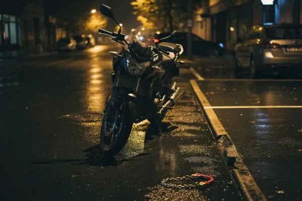 Motorfiets geparkeerd op natte straat bij nacht, gebroken kettingslot op het asfalt, gouden straatlantaarnlicht weerspiegelt in de regen.