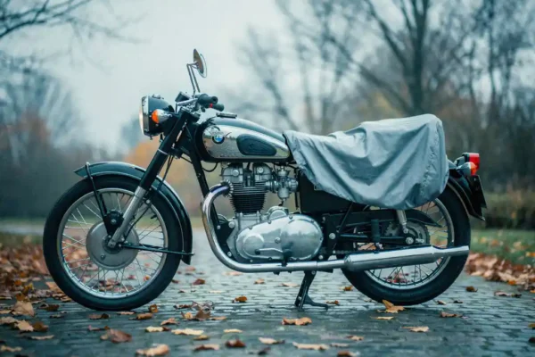 Klassieke motorfiets op kinderkopjesoprit met herfstbladeren, grijs zadeldekzeil, kale bomen op zachte achtergrond.