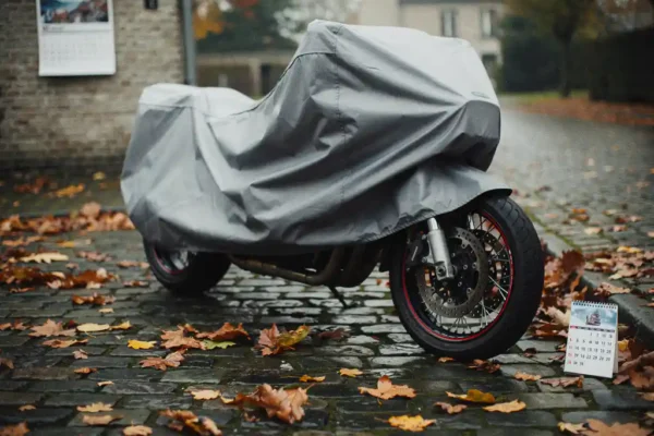 Afgedekte motorfiets op Belgische kasseienoprit met herfstbladeren, winterkalender op de achtergrond, bewolkt daglicht.