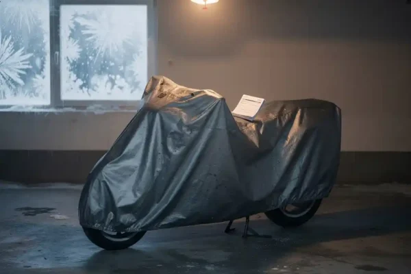 Motorfiets afgedekt met weerbestendige zeil in garage, ijsbloemen op raam, verzekeringsdocument op stoelhoes, winterse sfeer.