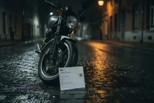 Motorfiets op een regennat Belgisch straatje met een aanmaning tegen het voorwiel, verlicht door warm oranje straatlantaarn.
