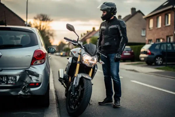 Motorrijder in beschermend jack staat rustig naast geparkeerde motor na lichte aanrijding met auto op Belgische weg.