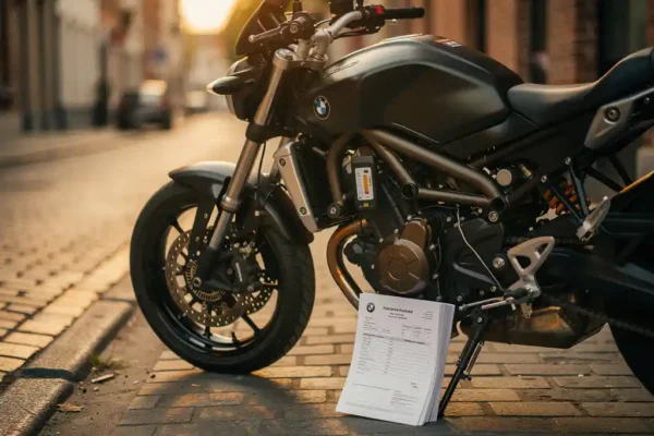 Motorfiets op Belgische straat met zichtbaar alarmsysteem op het frame en opgevouwen verzekeringsdocument tegen het voorwiel.