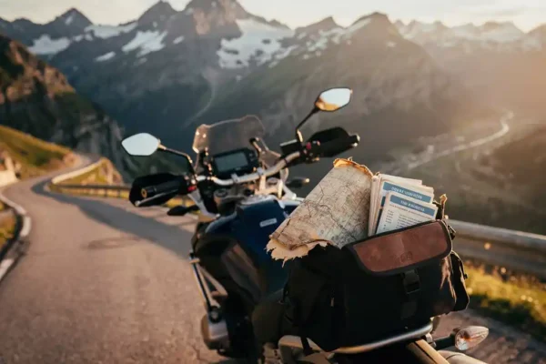 Motorfiets op verlichte Europese bergweg met leren kaart en reisverzekeringsdocumenten, Alpine toppen op de achtergrond.
