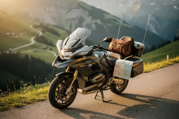 Beladen toermotor op een zonnige Europese bergpas met leren zadeltassen, kronkelende weg naar mistige groene valleien in gouden avondlicht.