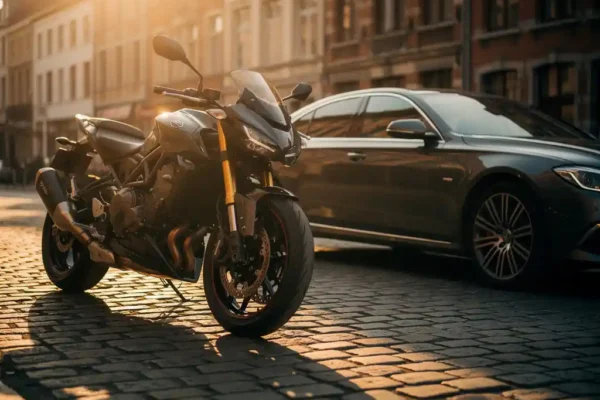Motorfiets en auto zij aan zij geparkeerd op Belgische kasseien in gouden avondlicht met lange schaduwen.