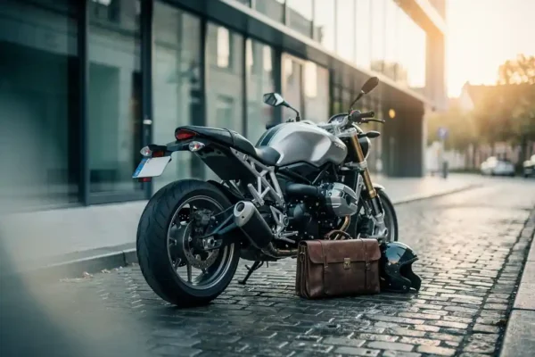 Motorfiets geparkeerd voor Belgisch kantoorgebouw met leren aktetas en helm tegen het achterwiel, keienstraat in ochtendlicht.