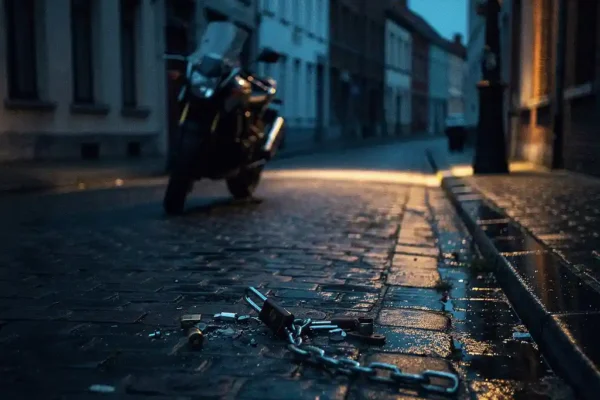 Motorfiets op natte Belgische kinderkopjes 's nachts, naast een verbroken ketting op het trottoir, verlicht door oranje straatlantaarn.