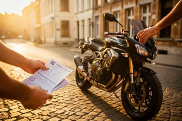 Glanzende motorfiets op Belgische kasseienstraat bij gouduur, twee paar handen houden kentekenpapieren vast en rusten op het stuur.