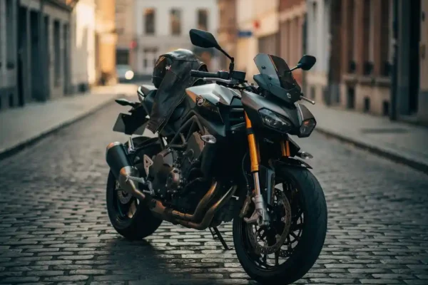Motorfiets geparkeerd op Belgische kasseienstraat met leren jas en helm op zadel, warm ochtendlicht met lange schaduwen.