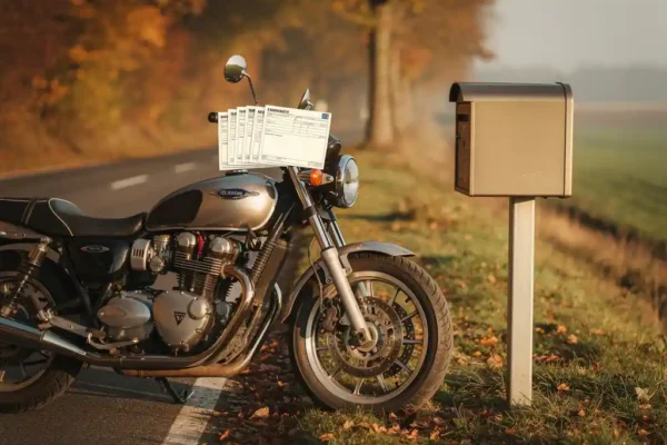 Motor geparkeerd naast Belgische brievenbus met belastingdocumenten onder het stuur, herfstweg op achtergrond in gouden middaglicht.