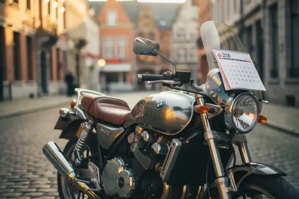 Glanzende motorfiets op Belgische kasseienstraat met kalenderblaadje onder de ruit, gouden ochtendlicht op chromen details.