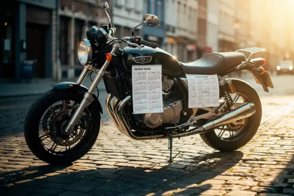 Glanzende motorfiets geparkeerd op Belgische kasseien in warm middagzonlicht, met kalenderpagina's onder de zadel.