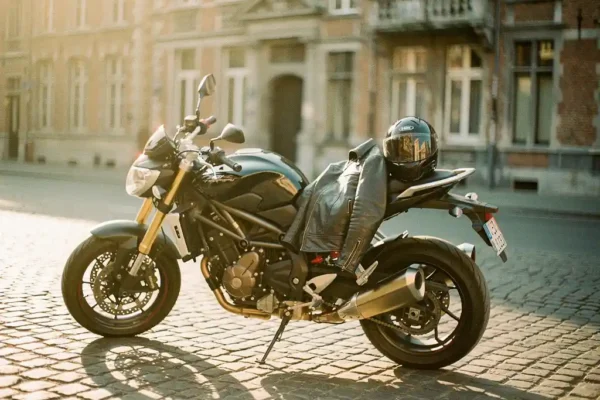 Glanzende motorfiets op Belgische kasseienstraat met leren rijjas en helm op het zadel, warm middagzonlicht.