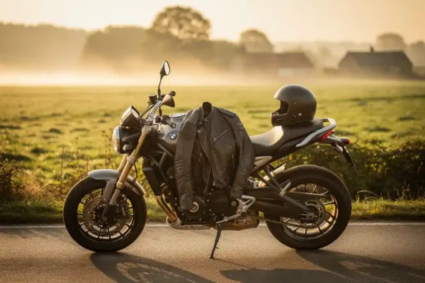 Glimmende motorfiets op een Belgische landweg bij zonsopgang, met leren jas en helm op het zadel en mistige groene velden op de achtergrond.