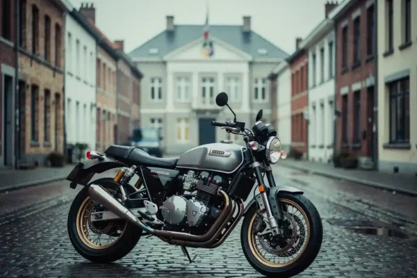 Motorfiets geparkeerd op een kasseienstraat in een Belgische woonwijk, met een gemeentehuis zichtbaar op de achtergrond.