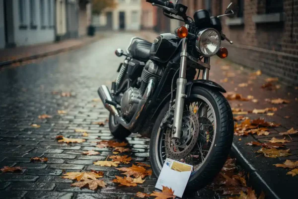 Motorfiets geparkeerd langs een Belgische straatkant met een verzegelde envelop tegen het voorwiel, herfstbladeren op natte kasseien.
