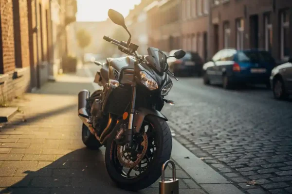 Motorfiets op een Belgische straat, half in warm zonlicht en half in schaduw, met een hangslot tegen het voorwiel.