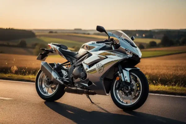 Glanzende motorfiets met chromen schildembleem op Belgische weg, landelijk uitzicht op de achtergrond in warm amberzonlicht.