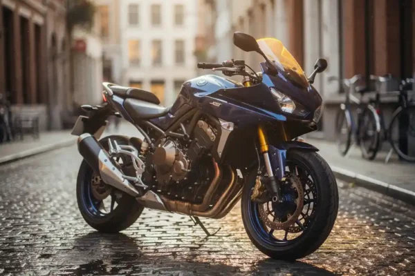 Glanzende motorfiets geparkeerd op een Belgische kasseienstraat, omhuld door warm gouden middaglicht met zachte bokeh-achtergrond.