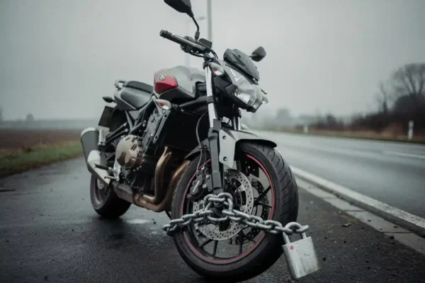 Motorfiets aan de kant van een Belgische weg beveiligd met een dik kettingslot om het voorwiel, bewolkte lucht op de achtergrond.